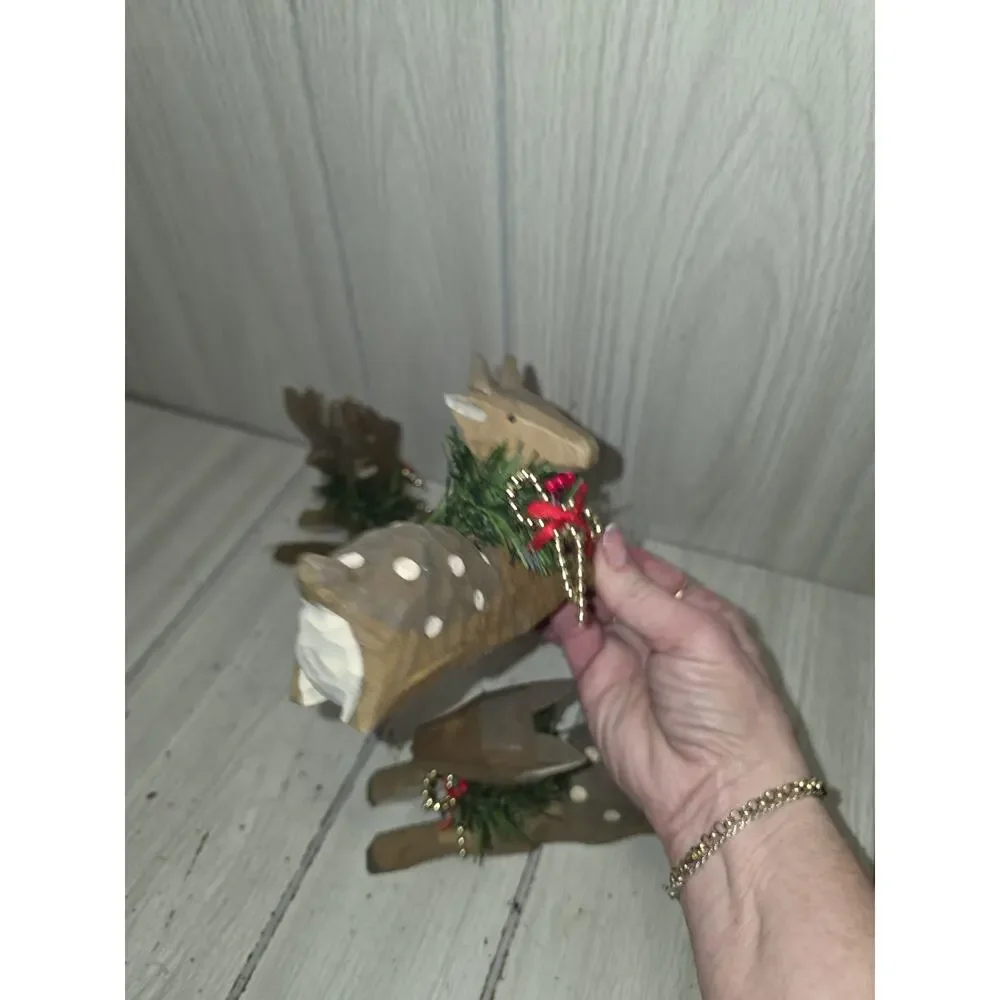 Wood Deer Family Buck Doe Fawn Wood Figures Christmas Decor Hand Carved Folk Art